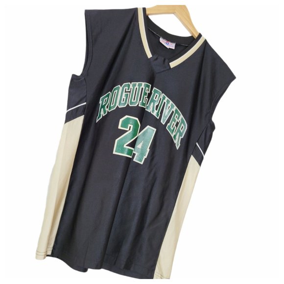 Sleeveless Baskeball Jersey Rogue River Number 24 Black Green and Golden Tan - Picture 3 of 11